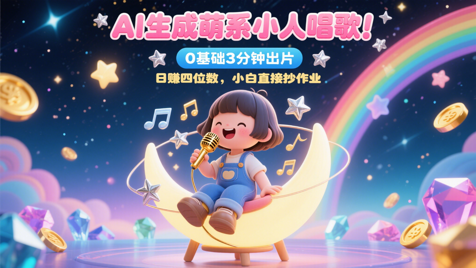 AI生成萌系小人唱歌！0基础3分钟出片，28个作品涨粉9万，日赚四位数，小白直接抄作业-白一资源汇