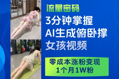 3分钟掌握AI生成俯卧撑女孩视频,零成本涨粉变现,1个月1W粉-白一资源汇