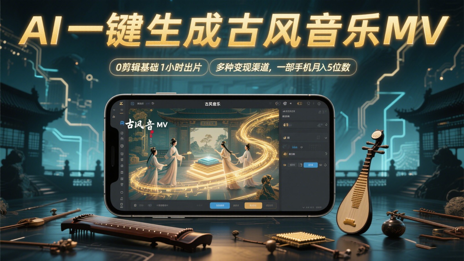 AI一键生成古风音乐MV，0剪辑基础1小时出片，多种变现渠道，一部手机月入5位数-白一资源汇