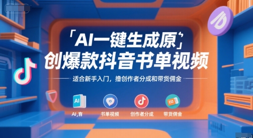 AI一键生成原创爆款抖音书单视频，适合新手入门，撸创作者分成和带货佣金【揭秘】-白一资源汇