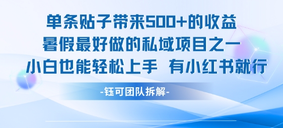 单条贴子带来5张的收益，暑假最好做的私域项目之一，小白也能轻松上手，有小红书就行-白一资源汇