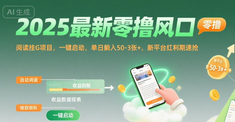 2025最新零撸风口，阅读挂G项目，一键启动，单日躺入 50-3张+，新平台红利期速抢【揭秘】-白一资源汇