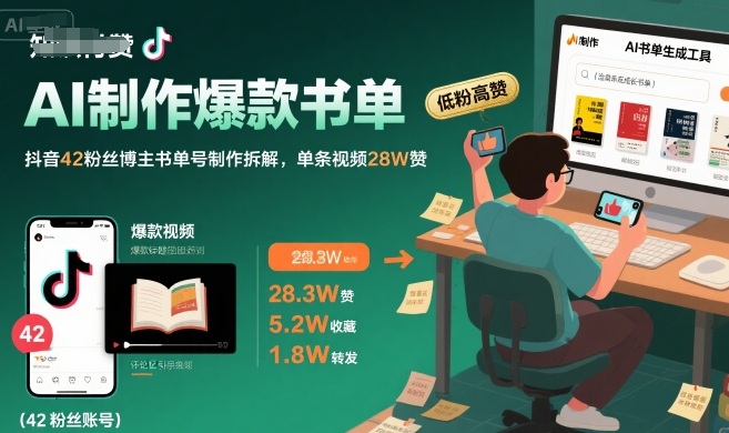 AI制作爆款书单，抖音42粉丝博主书单号制作拆解，单条视频28W赞-白一资源汇