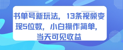 书单号新玩法，13条视频变现5位数，小白操作简单，当天可见收益-白一资源汇