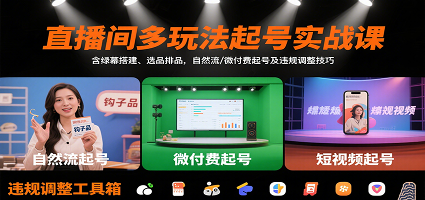 直播间多玩法起号实战课:含绿幕搭建、选品排品,自然流/微付费起号及违规调整技巧-白一资源汇