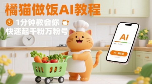 有趣的橘猫买菜做饭视频，用AI一键搞定，1分钟教会你，快速起千粉万粉号-白一资源汇