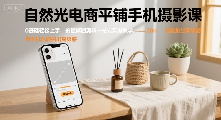 自然光电商平铺手机摄影课，0基础轻松上手，拍摄修图剪辑一站式实操教学，用手机也能拍出高级感-白一资源汇