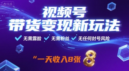 视频号带货变现新玩法，无需露脸，无需粉丝，无任何封号风险，一天收益8张【揭秘】-白一资源汇